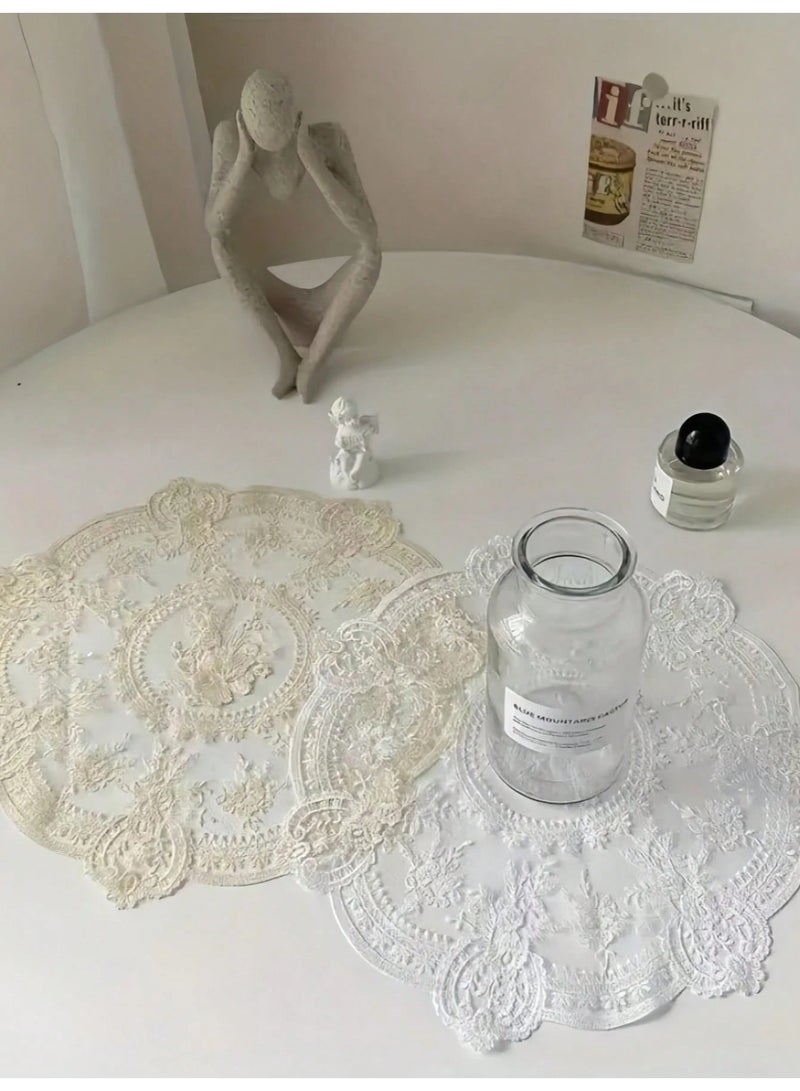 Fasola Lace Placemats, 1 Piece 33cm Round Table Mats, Milk Silk Embroidered Cup Mat, Vintage French Style Vase Mat for Home Wedding Bedside Decor, Elegant Hollow Out Aesthetic Room Decor (Apricot) - Image 5